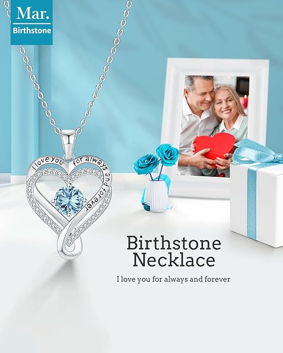 Jewelry for Women Wife Infinity Heart Birthstone I Love You Necklace S925 Anniversary Women Necklaces for Her Wife Birthday Gift Ideas, Birthday Present for Girlfriend Mom Daughter Sterling Silver