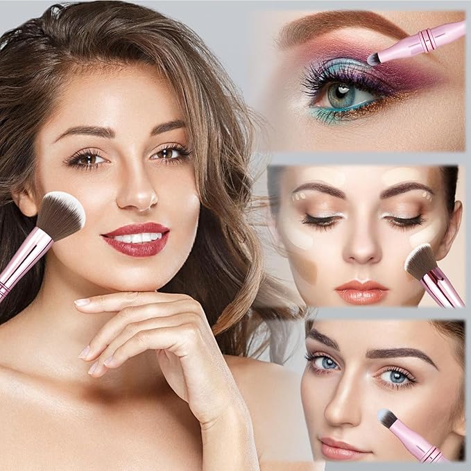 4 in 1 Makeup Brush Set - All in One Powder/Blush, Foundation, Blending & Eyeshadow Brushes, Compact & Travel Essential