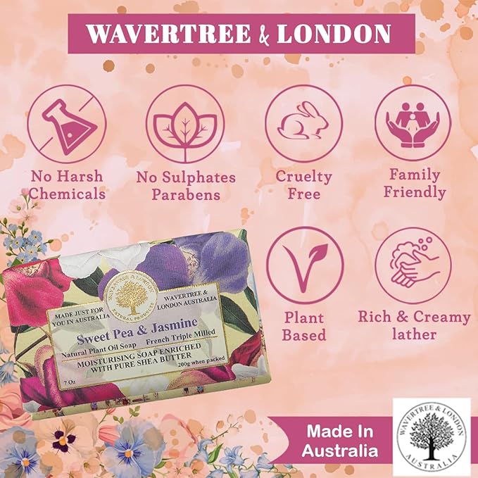 Wavertree & London Sweet Pea & Jasmine Scented Natural Soap (2 Bars), 7oz Moisturizing French Triple Milled Soap Bars enriched with shea butter - Pure Plant Based Bath & Body Bars for All Skin Types