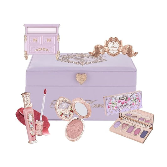 Flower Knows Strawberry Rococo Makeup Box Set,6 Pack Makeup Box with Mirror,Lip Gloss×1+Blush×1+Eyeshadow×1+Hair Clip×1+Fridge Magnet×1+Gift Box×1