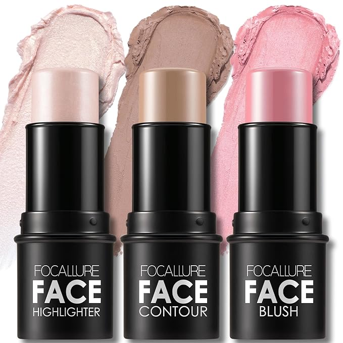 FOCALLURE 3 Pcs Cream Contour Sticks,Shades with Highlighter & Bronzer & Blush,Non-greasy Long-wear Face Contouring Pen,Easy to Sculpt the Face and Create a Lightweight Finishing Makeup,FAIR