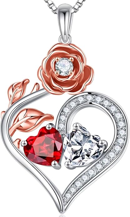 Iefil Rose Heart Birthstone Necklaces for Women - 925 Sterling Silver Double Birthstone Necklace, Anniversary Birthday Gifts for Women, Jewelry Gifts for Wife Her