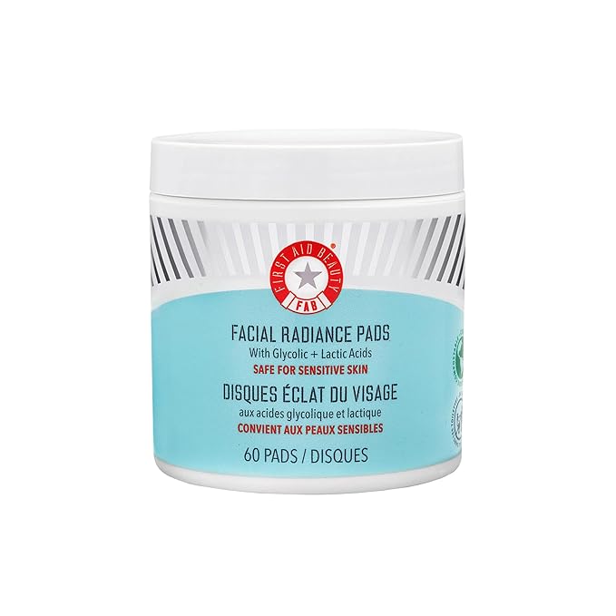 First Aid Beauty - Facial Radiance Pads with Glycolic & Lactic Acids, Daily Exfoliating Pads with AHA, Visibly Smaller Pores, Help Tone & Brighten Skin, One-Step Makeup Prep, Compostable, 60