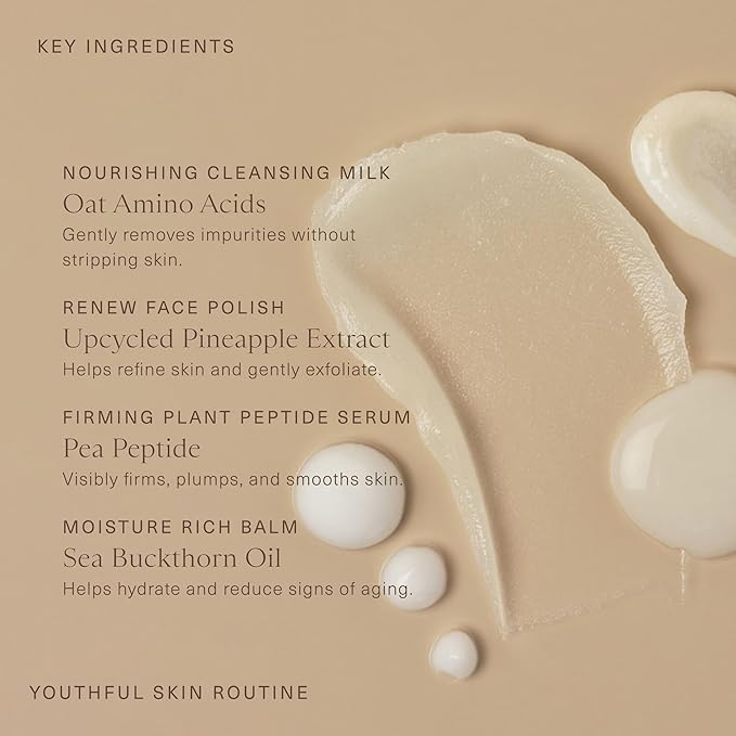 Oak Essentials Youthful Skin Routine Set | 4-Step Skin Renewal Kit with Peptide Serum, Face Polish, Cleansing Milk & Moisture Balm