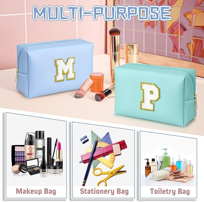 TOPEAST Small Makeup Bag Initial Cosmetic Bag Travel Toiletry Bag, Personalized Birthday Gift for Mom Sister Friends Teacher Nurse, Preppy Travel Stuff for Girls (Sky Blue O)