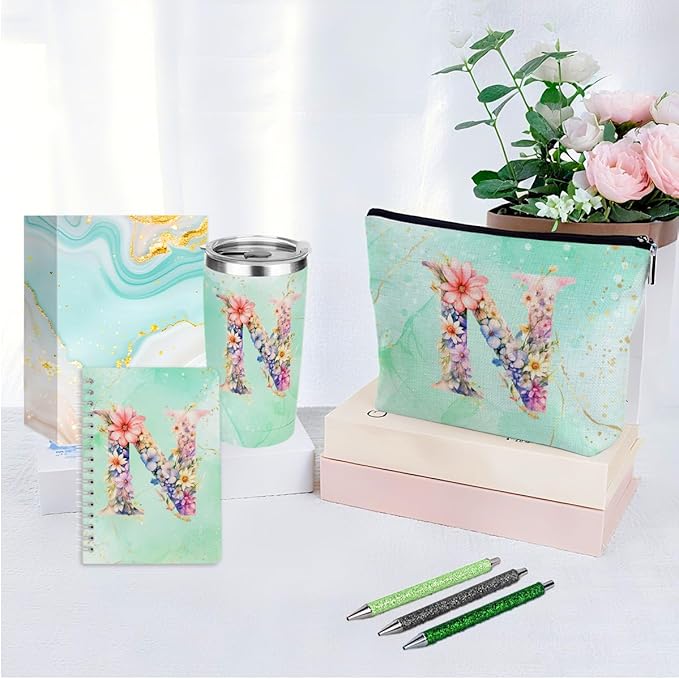 Personalized Gifts Monogrammed Birthday Gifts for Women, Colleague, Female Farewell Christmas, Initial 20 oz Tumbler, Makeup Cosmetic Bag Cup Pens Journal Notebook 6 Set, (Aesthetic Green Flower N)