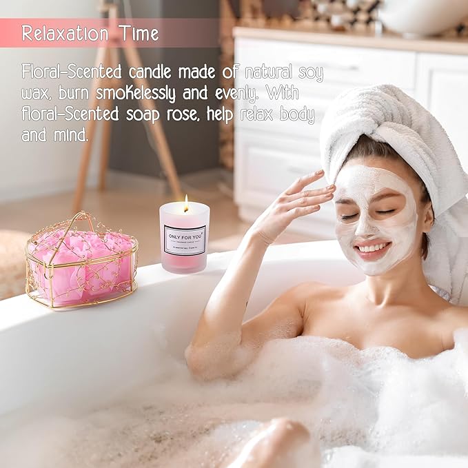 Gifts Baskets for Women, Birthday Baskets for Mom, Sister, Her, Employee, Wife, Thanksgiving Day, Christmas Gifts for Women, Care Package, Gift Sets with Canvas Tote Bag Sock Tumbler Soap Flower