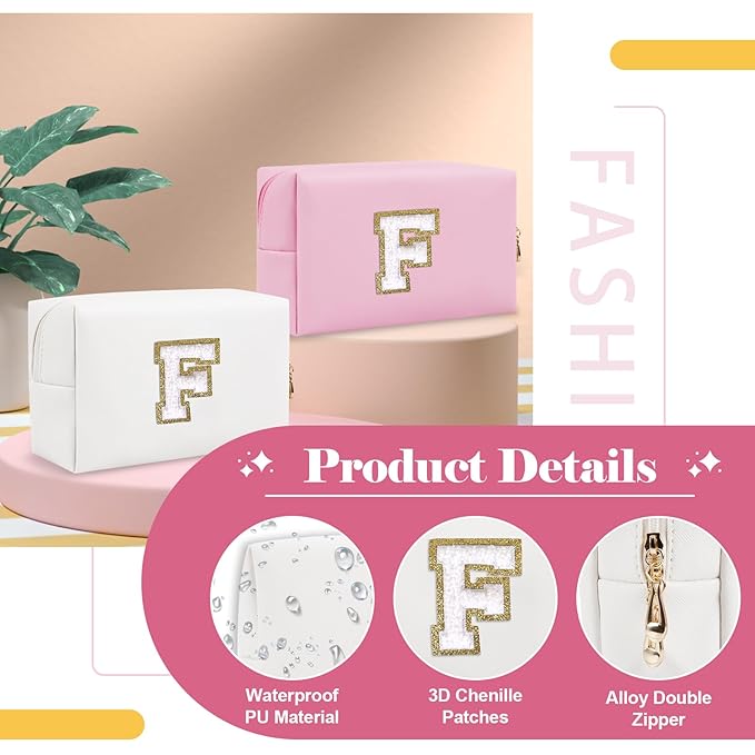 Small Personalized Initial A-Z Preppy Patch Makeup Bag,White PU Chenille Letter Travel Cosmetic Pouch with Zipper,Cute Toiletry Bag,Gift Ideal for Teen Girls Women Teacher Bridesmaid,Letter F