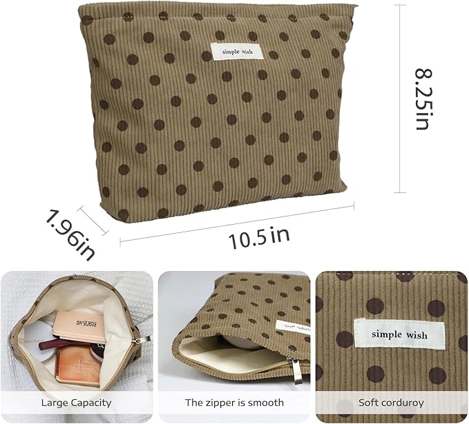 Wudygirl Travel Makeup Bag Cute Cosmetic Bag Large Capacity Makeup Pouch Make Up Organizer for Women and Girls Portable Toiletry Bag Corduroy Zipper Pouch (Brown Polka Dots)
