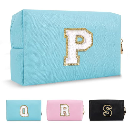 Small Personalized Initial A-Z Preppy Patch Makeup Bag,PU Chenille Letter Travel Cosmetic Pouch with Zipper,Blue Cute Toiletry Bag,Gift Ideal for Teen Girls Women Teacher Bridesmaid,Letter P