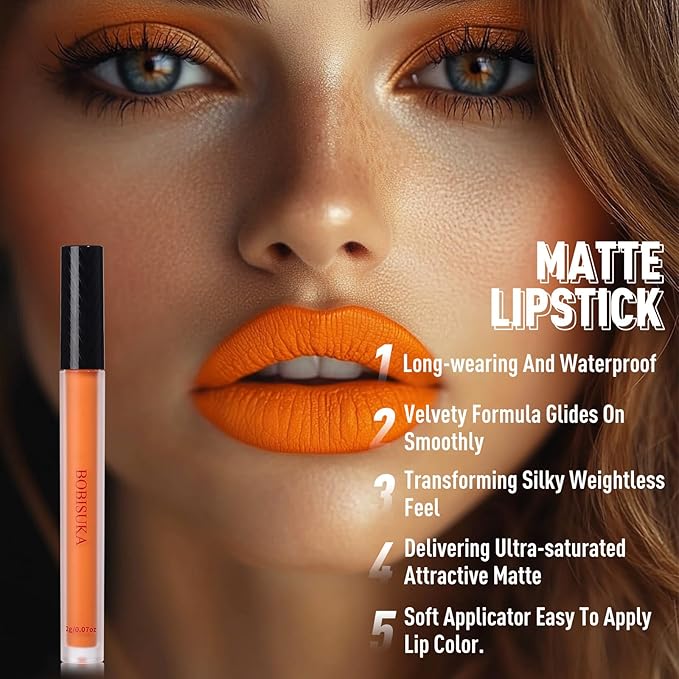 BOBISUKA Makeup Eyeshadow + Matte Lipstick Set, 6 Colors Orange Brown Warm Sunset Shimmer Matte Metallic Fall Eye Shadow Pallet with Orange Liquid Lipstick Makeup Kit for Halloween, Scary Pumpkin