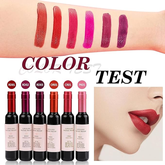 Wine Lip Tint Set of 6 Colors Moisturizing Liquid Lipstick & Velvet Lip Gloss Long-Lasting Waterproof Lips Stain with Non-Drying Formula For Soft Natural Lips Daily & Party Makeup Kit
