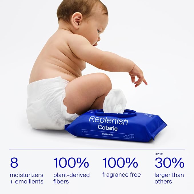 Coterie Baby Soft Wipe for Sensitive Skin, Hydrating Moisturizers and Emollients, Made with Cotton, Plant-Based & Plastic-Free Fibers, Hypoallergenic, Clean Gentle Baby Essentials, 12 Pack, 672 Count