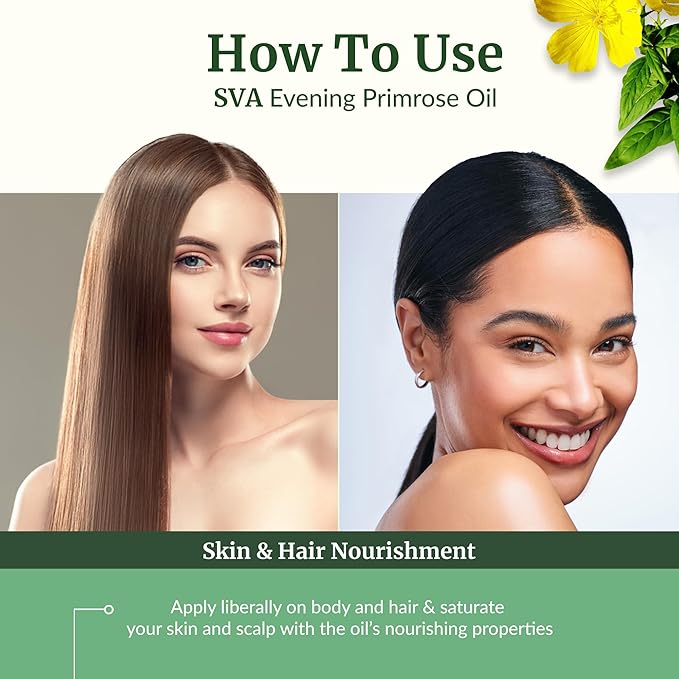 SVA Evening Primrose Oil Organic - 4 Fl Oz – 100% Natural Cold Pressed Organic Evening Primrose Oil - for Face, Skin Care, Hair Care, Scalp Massage & Body Massage – Carrier Oil with Dropper