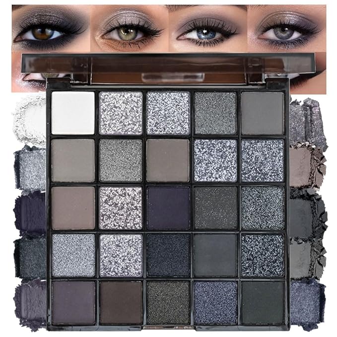 25-Color Black Matte & Shimmer Eyeshadow Palette – High Pigmented Silver Cool Smoky Pearlescent Dark Shades for Goth Makeup, No Fading, No Smudge, Long Lasting Waterproof