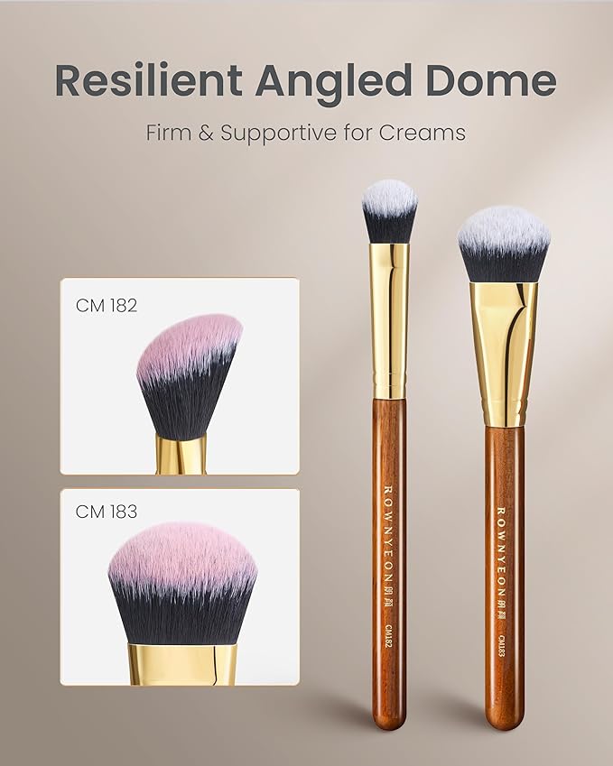 Desert Oak Series Cream Cheek Duo Brush Set - CM 182 Precision Highlighter & CM 183 Angled Blush Brush for Cream/Liquid Products, Bubinga Handle & Brass Ferrule