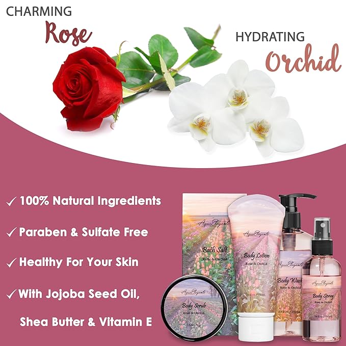 Spa Baskets For Women - Luxury Bath Set With Rose Oil & Orchid - Spa Kit Includes Wash, Bubble Bath, Lotion, Bath Salts, Body Scrub, Body Spray, Shower Puff, Bathbombs, Soap and Towel