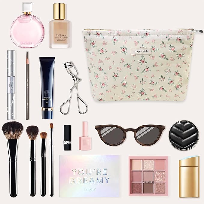Wudygirl Flower Makeup Bag Cosmetic Bag for Women and Girls Large Capacity Makeup Pouch Aesthetic Cute Makeup Bag Canvas Toiletry Bag Pencil Pouch with Zipper (Beige and Small Floral)