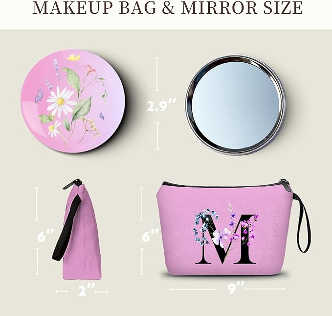 Women Birthday Maid of Honor Monogrammed Gifts for Bride Bridesmaid Sister Friend Her Teacher Makeup Cosmetic Bag with Mirror Mothers Day Christmas Graduation M