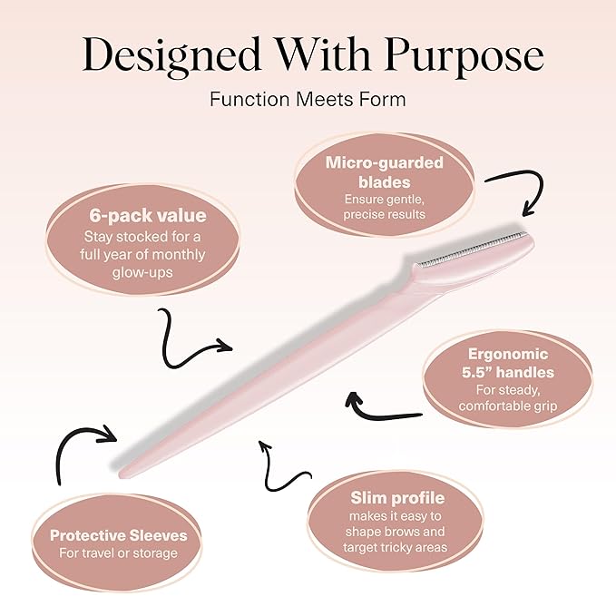 Kitsch Dermaplane Razor for Women Face – Face Razors for Women & Men, Eyebrow Trimmer & Face Shaver – Exfoliating Facial Razor & Skin Care Tool for Smoother Skin - Blush, 6 pcs