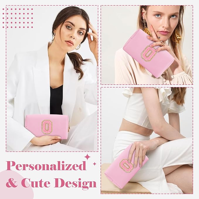 Personalized Initial A-Z Preppy Patch Makeup Bag,Small PU Leather Chenille Letter Cosmetic Bag with Zipper for Teen Girls,Pink Cute Travel Toiletry Bag,Birthday Monogrammed Gift for Daughter,Letter O