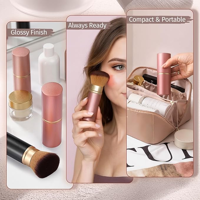 Retractable Kabuki Makeup Brush - Portable Travel Face Brush with Cover, Soft Synthetic Bristles for Blush, Bronzer, Powder, Foundation & Sunscreen, Flawless Application On-the-Go (Black)