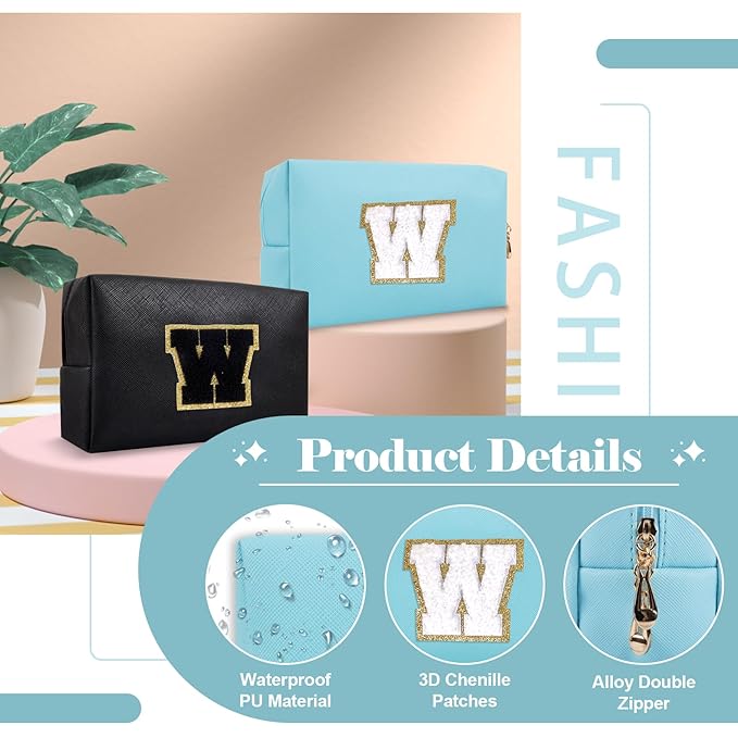 Small Personalized Initial A-Z Preppy Patch Makeup Bag,PU Chenille Letter Travel Cosmetic Pouch with Zipper,Blue Cute Toiletry Bag,Gift Ideal for Teen Girls Women Teacher Bridesmaid,Letter W