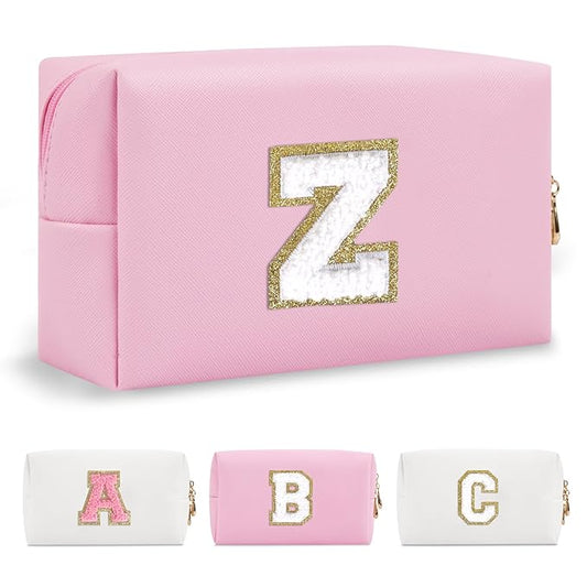 Personalized Initial A-Z Preppy Patch Makeup Bag,Small PU Chenille Letter Cosmetic Bag with Zipper for Teen Girls,Pink Cute Toiletry Organizer Bag,Monogram Makeup Case Gift for Women Girls,Letter Z