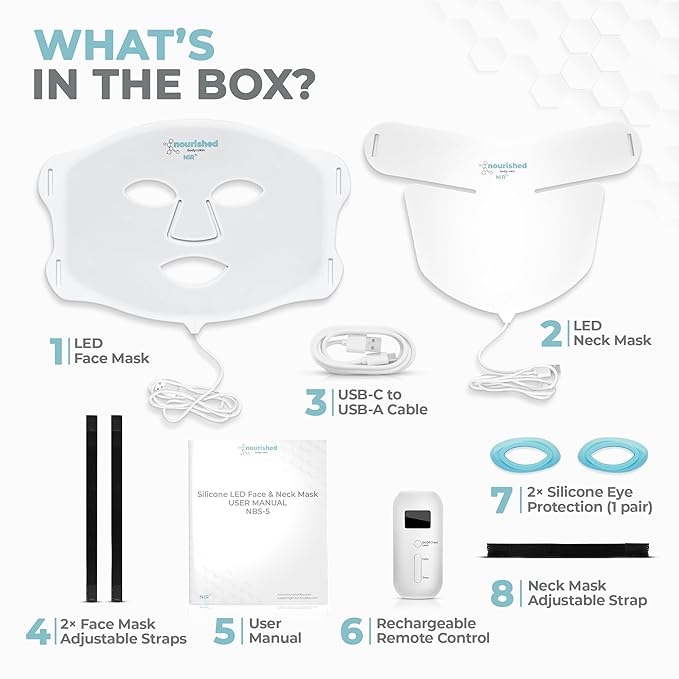 7 Colors LED Face and Neck Mask with Near-Infrared - Blue, Red Light Therapy for Face - 228 LEDs - Skincare Tool for Anti-Aging