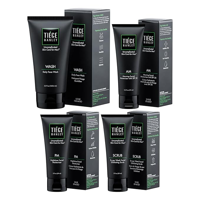 Tiege Hanley 90-Day Large Essential Skin Care Routine for Men (Level 1) - Smooth, hydrate, and protect your skin - Men's Skincare Set Includes Face Wash, Facial Scrub, & AM / PM Moisturizer's