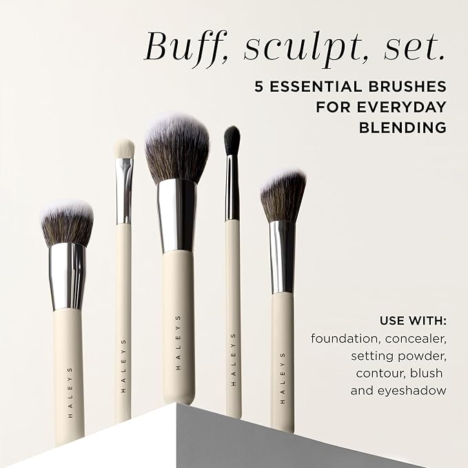 HALEYS Makeup Brush Set 5 pcs: Soft, Streak-free, Perfect Blending, Buff, Blurs and Smooth, Premium Luxury Vegan Bristles, For Liquid, Cream or Powder, Vegan, Cruelty-free, Sustainable Wood