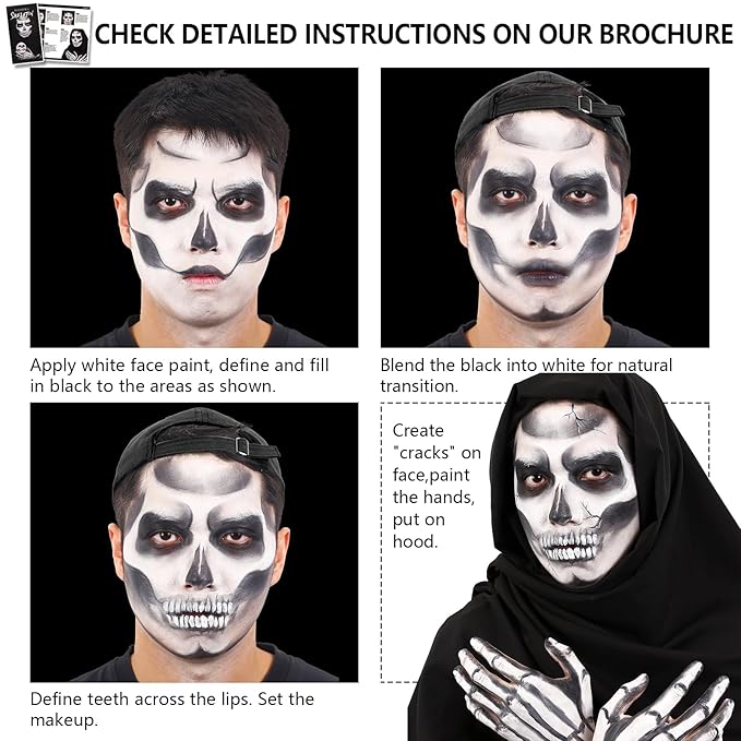Halloween Skeleton Makeup, Complete Skeleton/Skull Makeup Kit Face Paint SFX Character Set, Professional Skeleton Make Up Kit for Costume Art Cosplay Dress-Up Party for Kids & Adults