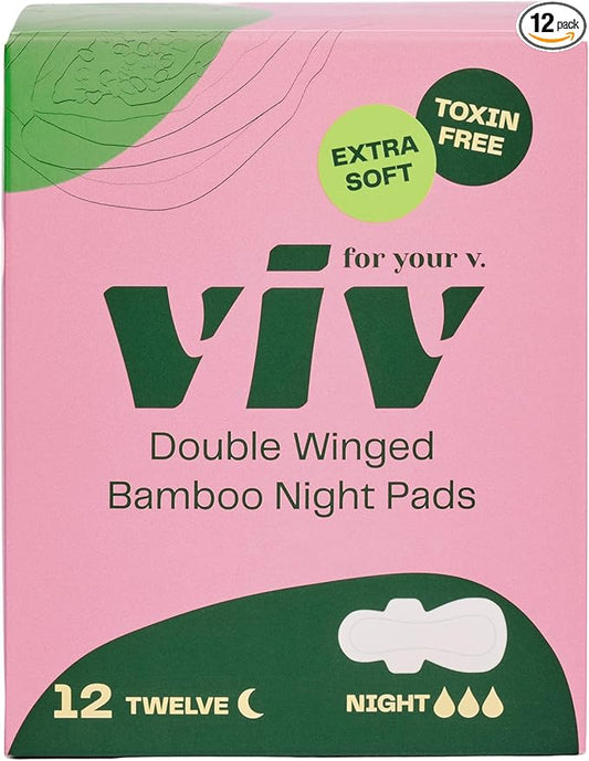 Viv for Your V Bamboo Organic Overnight Pads for Women | Soft, Absorbent Sanitary Pads with Wings for Women Overnight | Unscented, Earth-Friendly | Postpartum Gift | Super Absorbency (12 Pack)