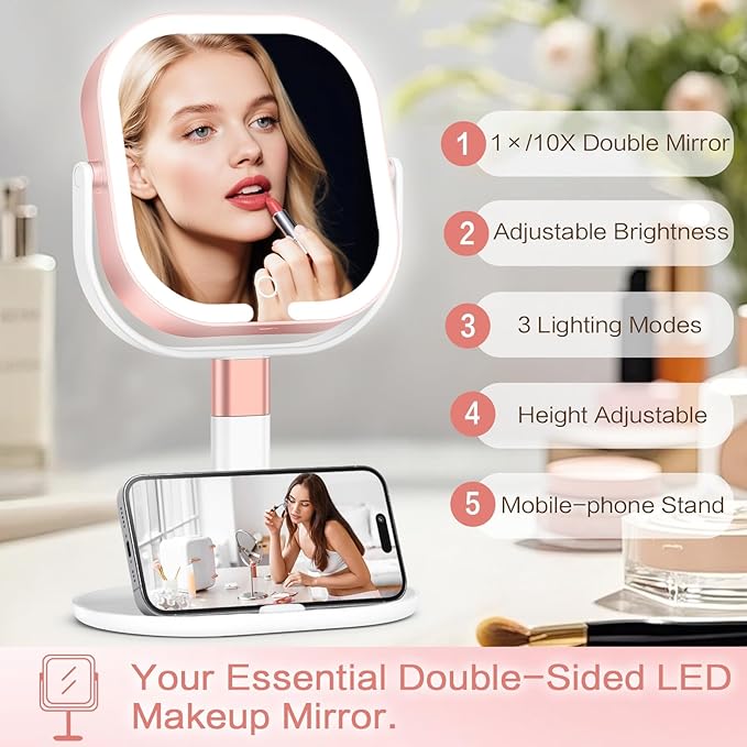 Makeup Mirror with Lights, 1X/10X Magnifying Vanity Mirror with 3 Colors, 2000mAh Rechargeable Double Sided Magnifying Mirror, Height Brightness Adjustable, 360° Rotation Vanity
