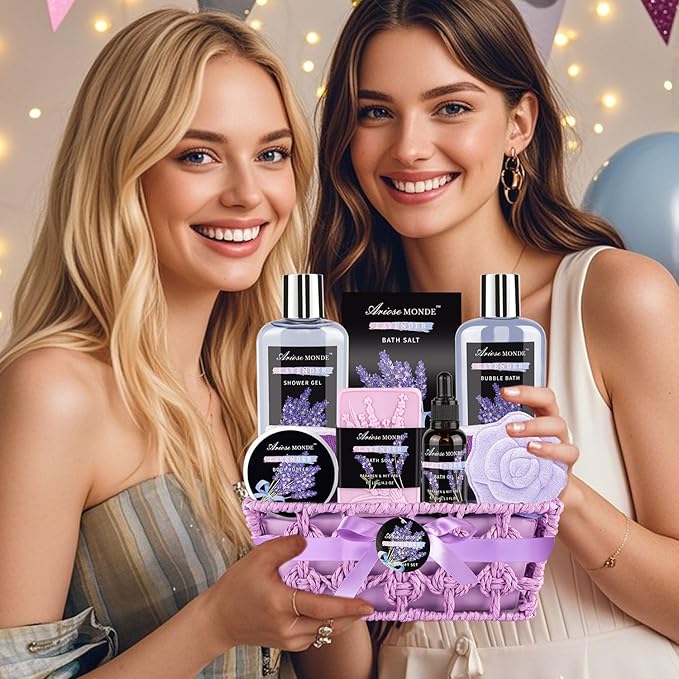 Spa Gift Basket Set, Lavender Home Spa Gifts for Women With Shower Gel, Bubble Bath, Body Butter, Bath Salt, Bomb, Oil, Soap - Gift Idea for Mother, Girlfriend, Wife