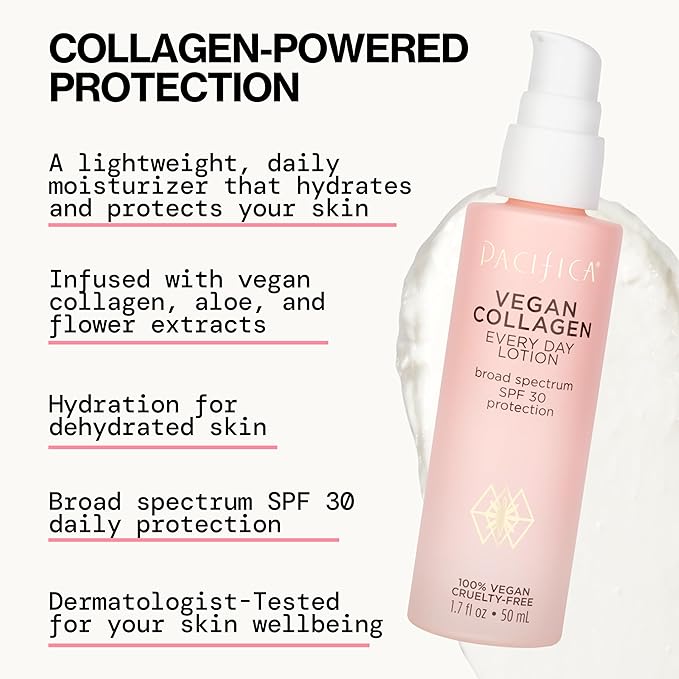 Pacifica Beauty Vegan Collagen SPF 30 Broad Spectrum Sunscreen Every Day Face Lotion, UVA/UVB Protection for All Skin Types, Lightweight, Moisturizing & Hydrating, Cruelty Free, White, 1.7 Fl Oz