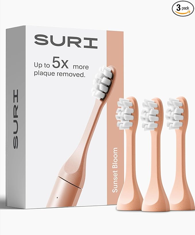 SURI Recyclable Plant-Based, Electric Toothbrush Heads - Built-in Tongue Scraper, Long Lasting Replacement Heads | Compatible Only Sonic Electric Toothbrush - Sunset Bloom, Pack of 3