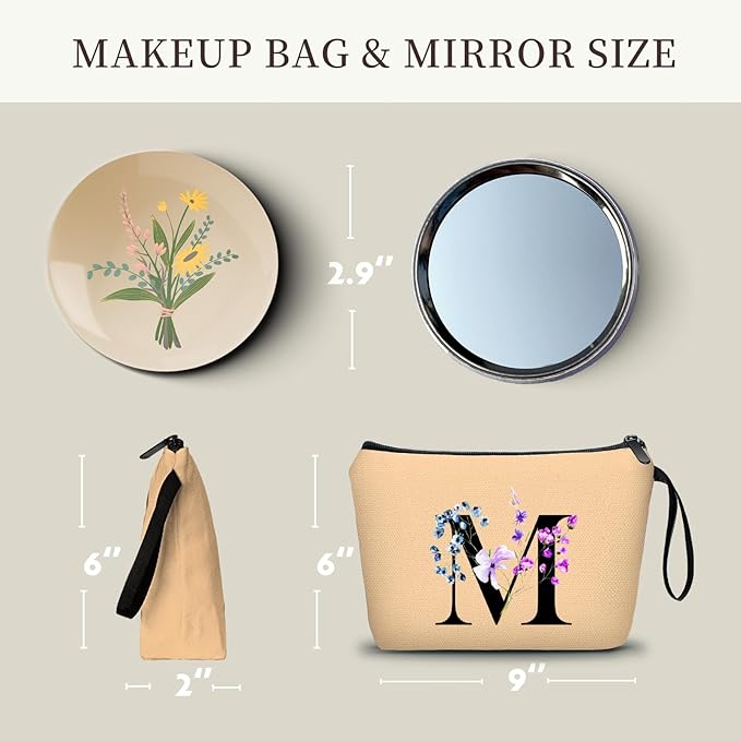 Women Birthday Maid of Honor Monogrammed Gifts for Bride Bridesmaid Sister Friend Her Teacher Makeup Cosmetic Bag with Mirror Mothers Day Christmas Graduation M