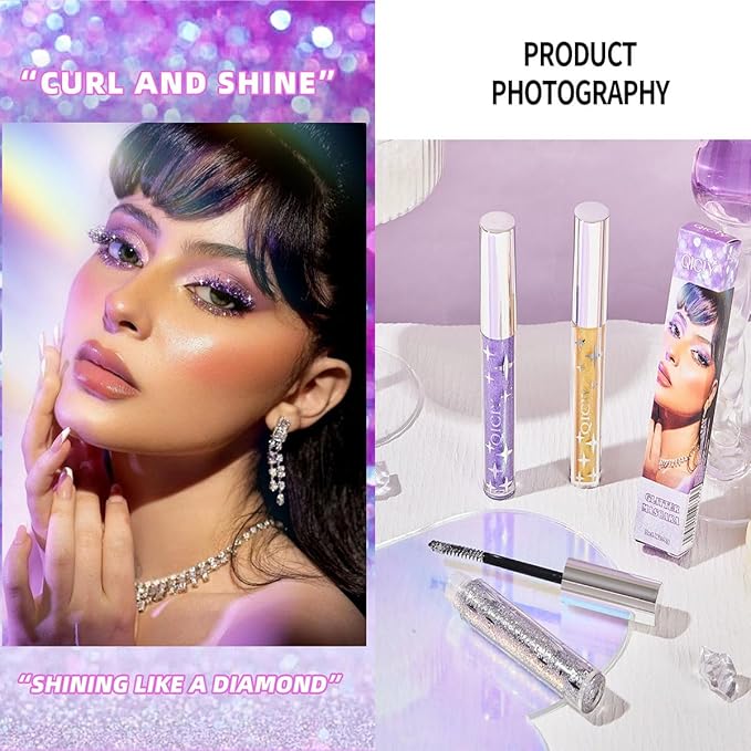 3PCS Glitter Mascara for Eyelashes,Waterproof Long Lasting Silver Gold Purple Color Diamond Sparkly Mascara, Lengthening Volumizing Colorful,Party Wedding Stage Use Halloween Christmas Makeup
