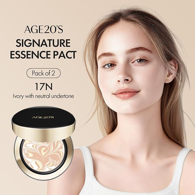 AGE20'S Signature Essence Pact SPF 50+ | Pack of 2 | 17N IVORY | Cream Foundation, Dewy Finish, Natural Coverage | Korean Cushion Foundation