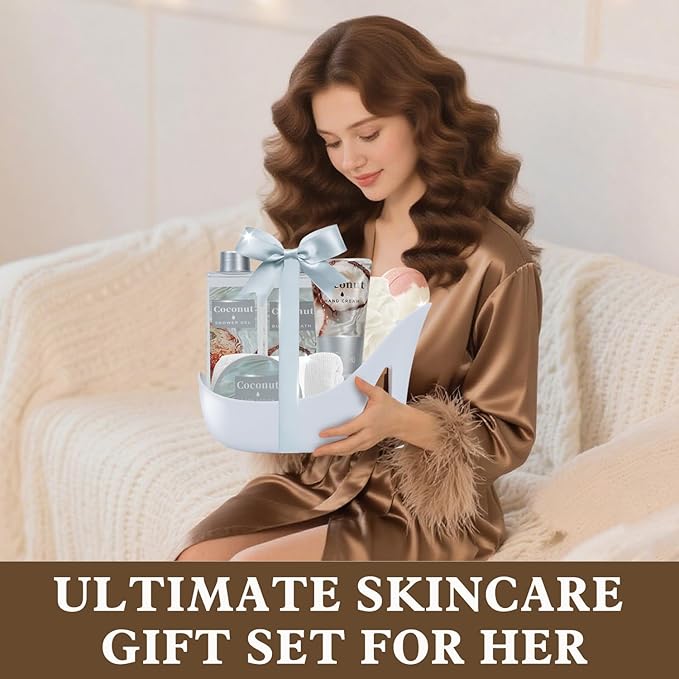 Tropical Coconut Gifts for Women Spa Basket, High Heel Bath Set with Shea Butter & Exotic Oils, Mother's Day Gifts for Mom, Her, Wife