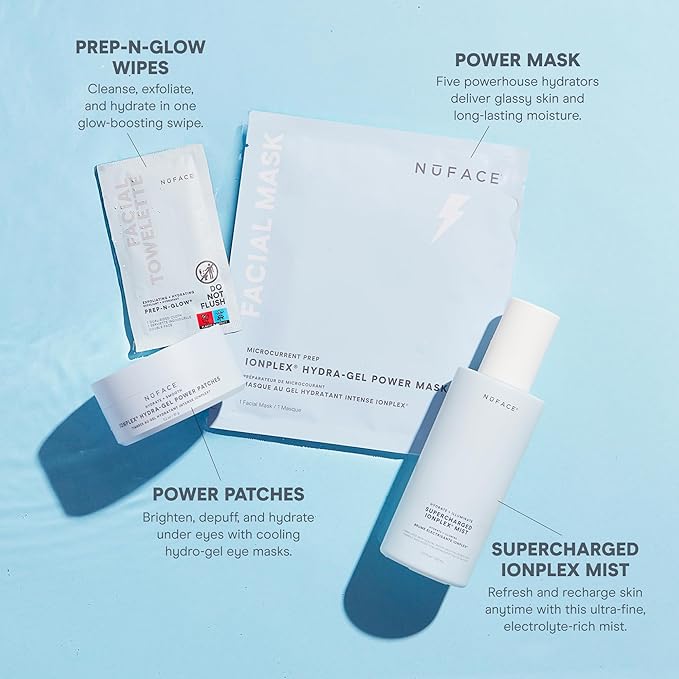 NuFACE Prep-N-Glow Facial Towelettes - 2-in-1 Exfoliating + Cleansing Makeup Remover Wipes, Hyaluronic Acid Travel Face Wipes to Hydrate & Brighten for Glowing Skin - 5 Individually Wrapped Cloths