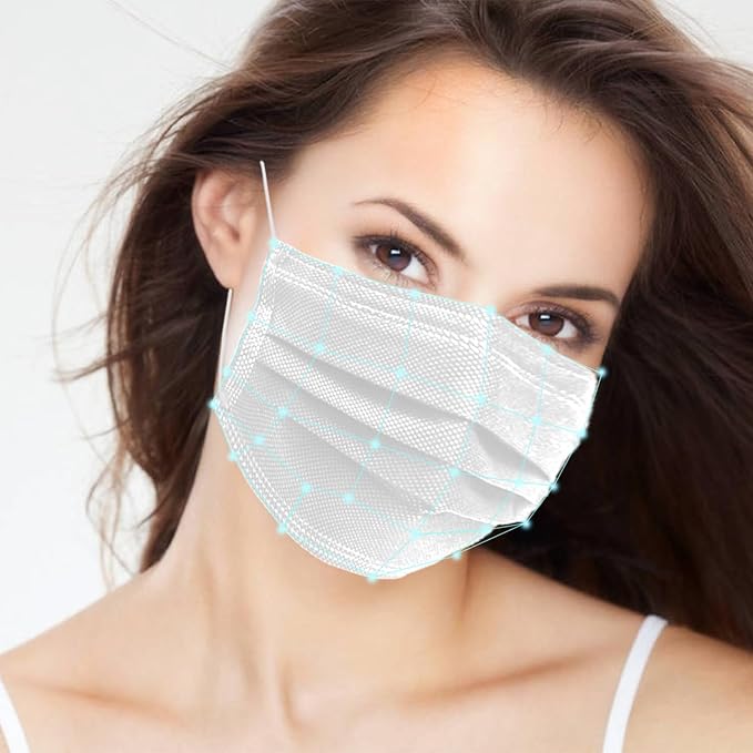 100Pcs White Disposable Face Mask, 3 Ply Masks with Soft Elastic Ear loops