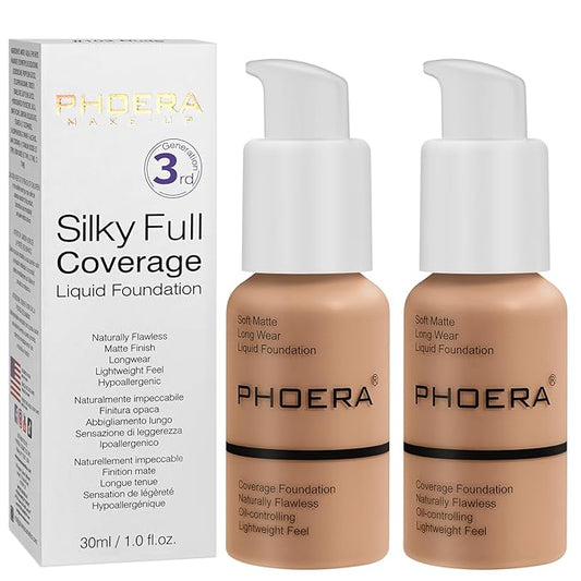 PHOERA Foundation, PHOERA Matte Liquid Foundation,PHOERA Makeup for Women, PHOERA Foundation Full Coverage Concealer, 30ml 24HR Matte Oil Control Concealer (105- Sand*2)