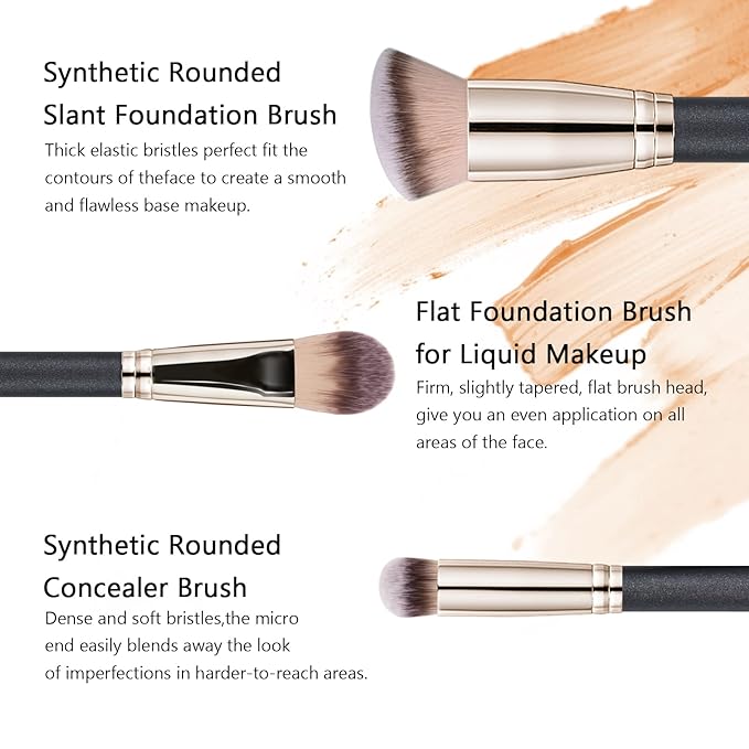 Makeup Brushes, Raffaello 3Pcs Foundation Brushes for Liquid Makeup, Professional Kabuki Foundation Brushes Set for Blending Liquid Cream Flawless Powder Cosmetics Buffing Stippling Concealer