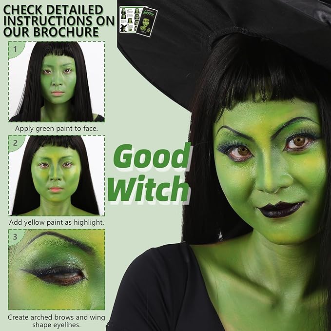 Halloween Witch Makeup, Complete Green Witch Make Up Kit SFX Character Set with Face Paint, Scar Wax for Special Effects Costume Makeup, Dress-Up Cosplay Party, Stage & Theater