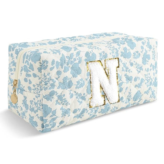 Personalized Quilted Cosmetic Bag, Puffy Monogrammed Christmas Birthday Gifts for Women & Girls, Cute initial Floral Makeup Bag Puffer Coquette Bag, Aesthetic Travel Toiletry Zipper Pouch(Blue,N)