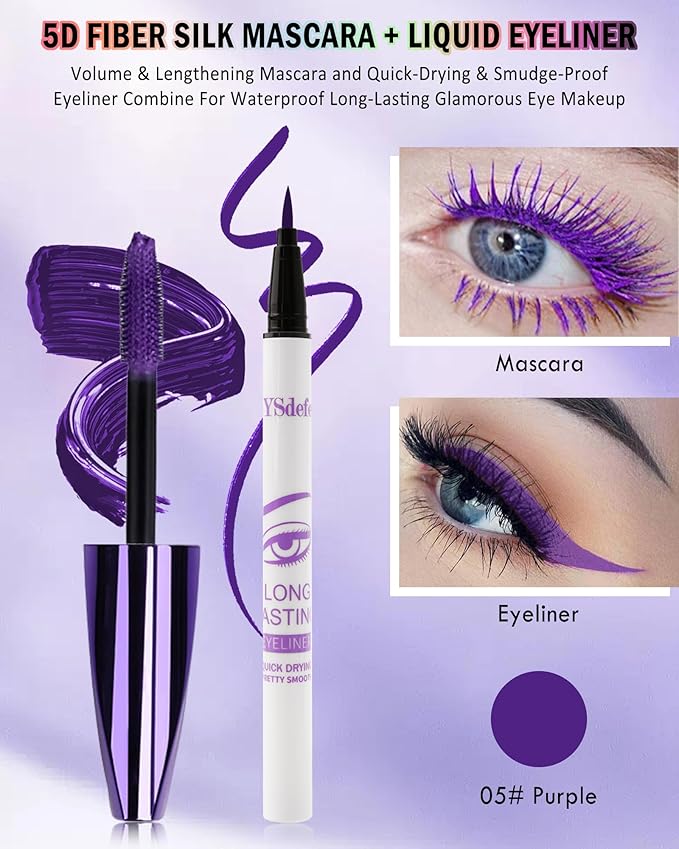 Purple Mascara & Liquid Eyeliner Set,5D Waterproof Silk Fiber Colored Mascara Volume and Length,Longlasting Smudgeproof Color Eye Liner Pen,Halloween Colorful Eye Makeup Gift Kit for Women Girl-05