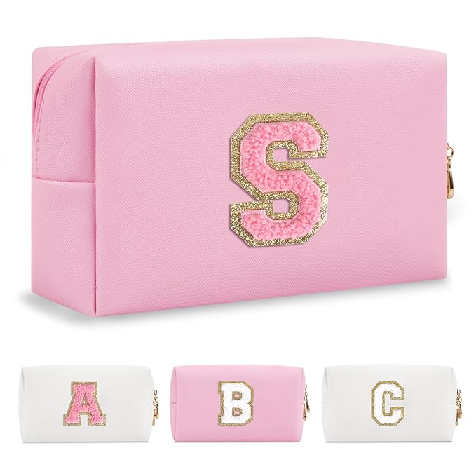 Personalized Initial A-Z Preppy Patch Makeup Bag,Small PU Leather Chenille Letter Cosmetic Bag with Zipper for Teen Girls,Pink Cute Travel Toiletry Bag,Birthday Monogrammed Gift for Daughter,Letter S