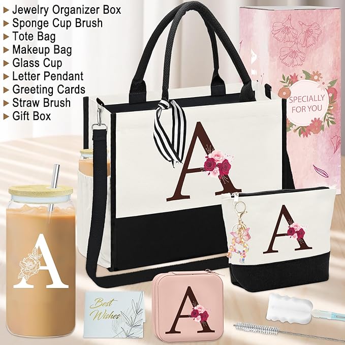 Birthday Gifts for Women,Initial Canvas Tote Bag,Initial Gift for Women,16oz Initial Glass Cup,Initial Makeup Bag with Zipper,Jewelry Organizer Box,Personalized Gifts for Mom-A